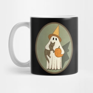 Vintage Ghost with Cat Halloween Graphic Mug